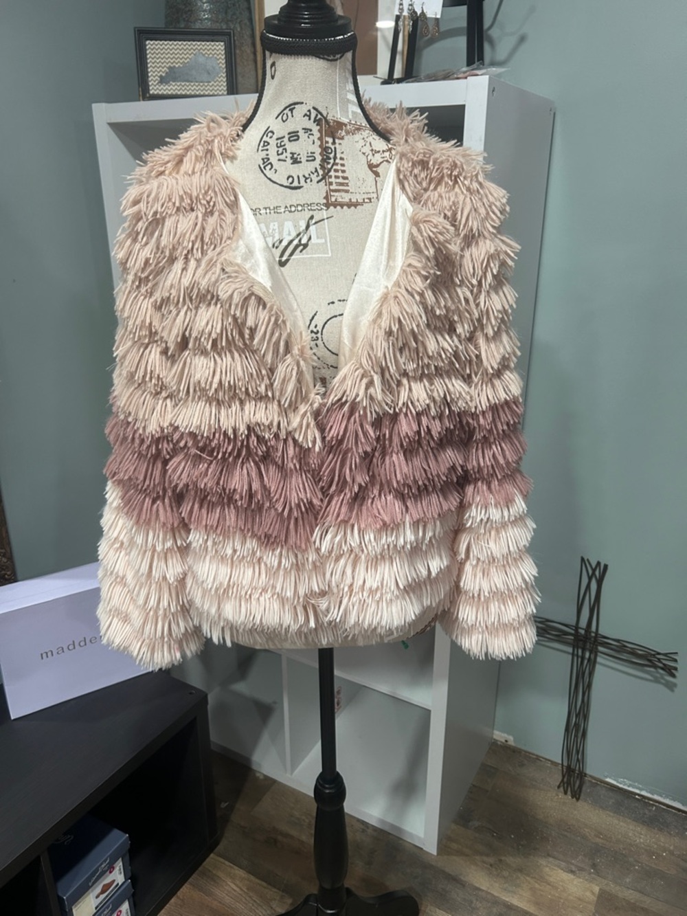 Main Strip Layered Fringe Teddy Jacket in Blush and Mauve